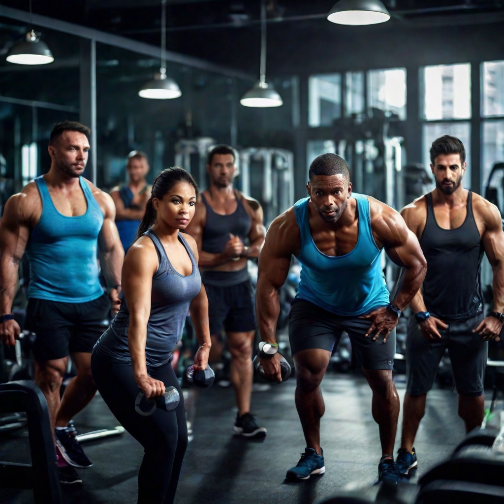 Professional fitness training session with diverse group in modern gym