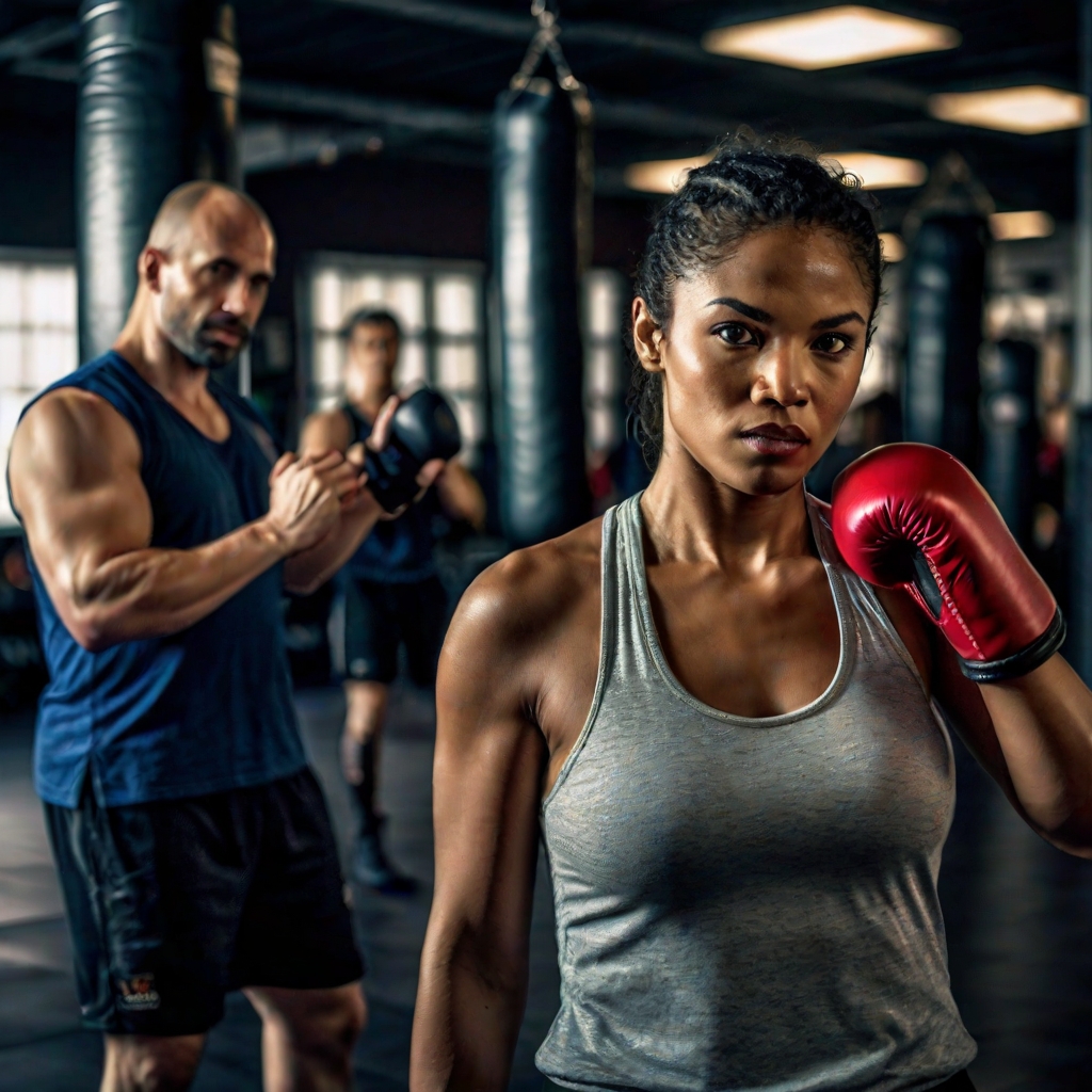 Kickboxing fitness training session in modern gym setting